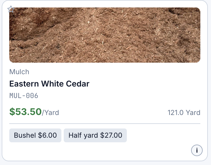 FlintPOS product card showing Eastern White Cedar sold by the yard with Bushel and Half yard alternate unit buttons.