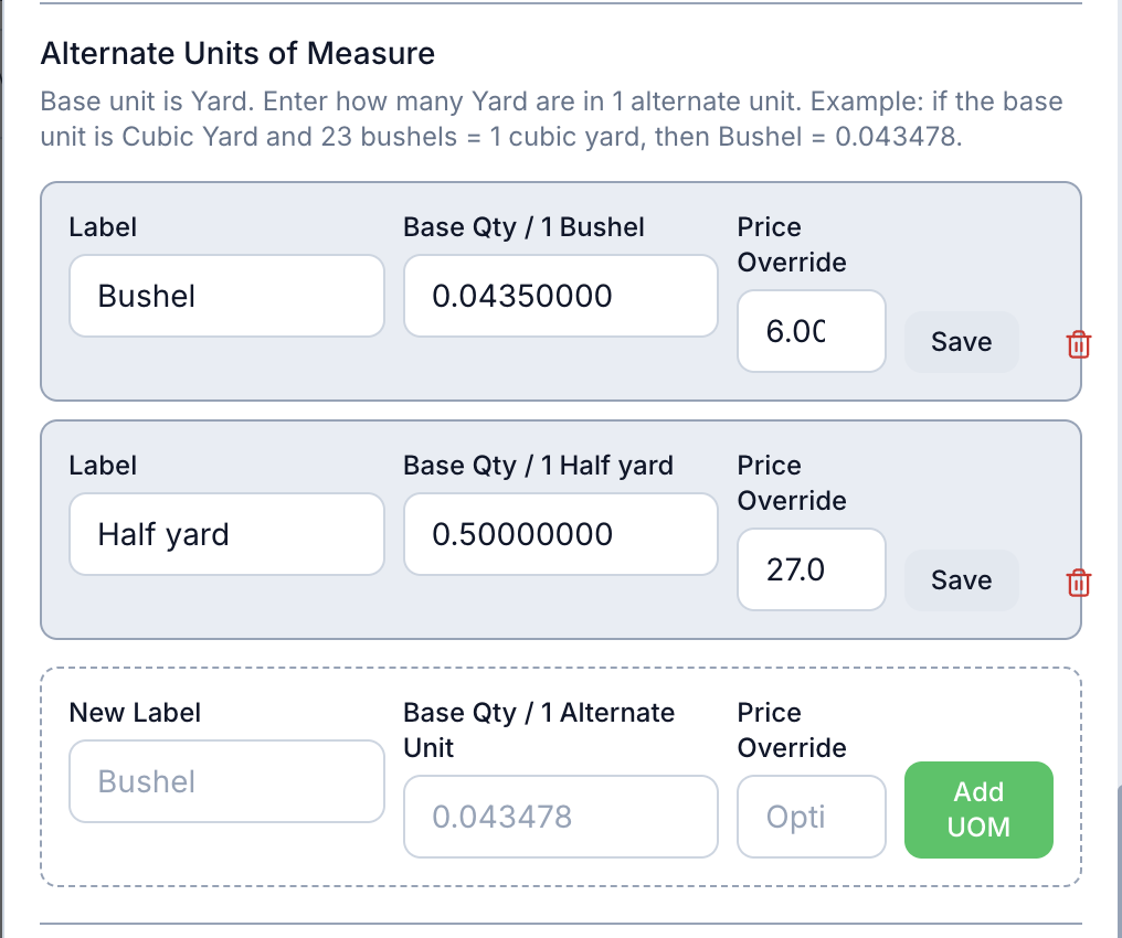 FlintPOS alternate units of measure settings for Bushel and Half yard conversion factors and price overrides.