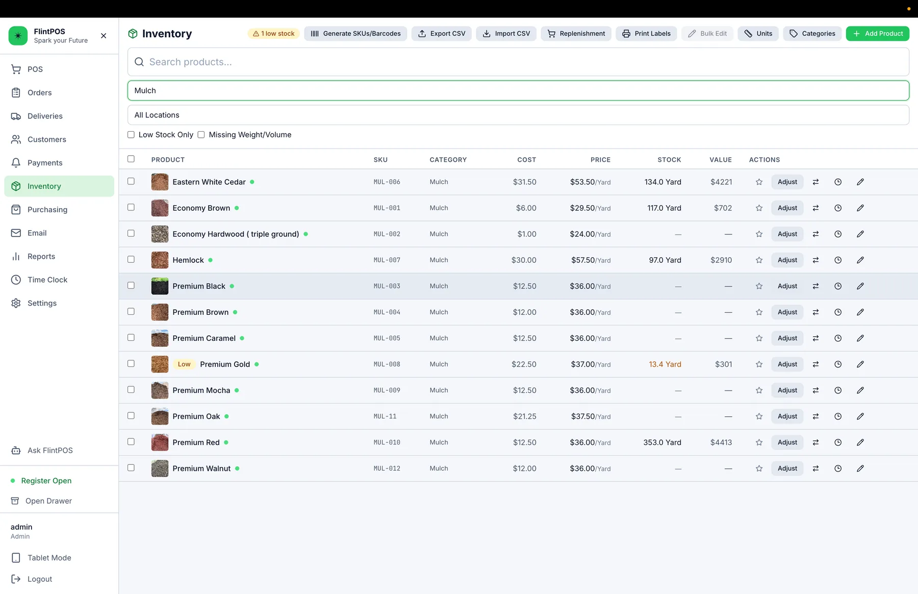 FlintPOS inventory screen showing products and quantities.