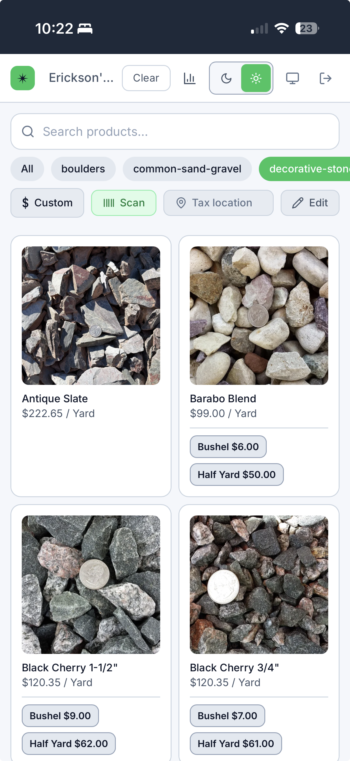 FlintPOS product catalog with landscape stone products and alternate units.