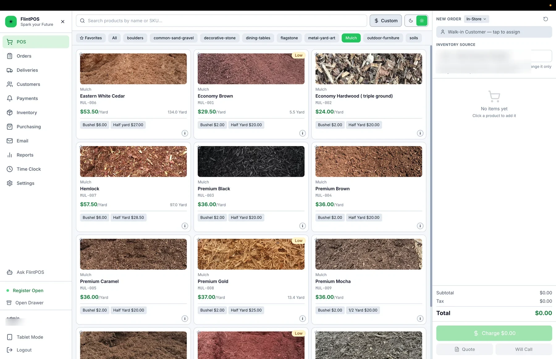 FlintPOS register screen with bulk material products and cart.