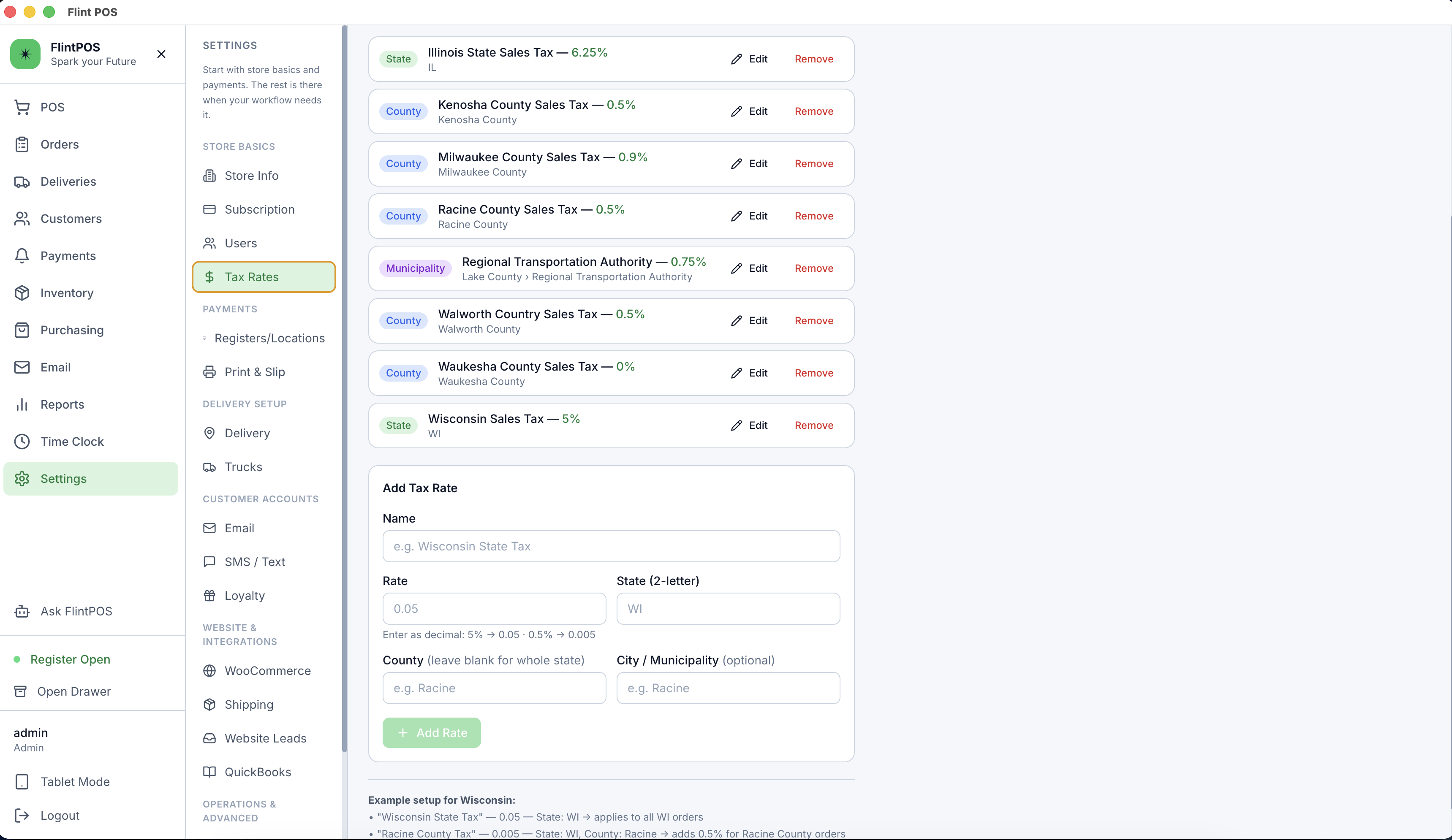 FlintPOS tax rate settings showing state, county, and municipality sales tax records.